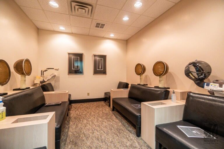 Head steamers in the waiting lounge at Mitchells Salon Day Spa 768x512