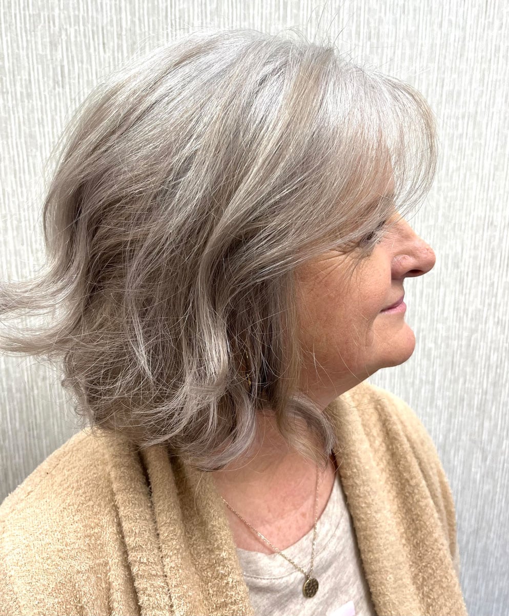 image of mature woman with grey blended bobbed hair
