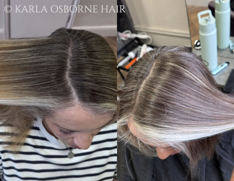 Karla Osborne Gray Blending on Blonde with Dark Roots Hair Client 768x594