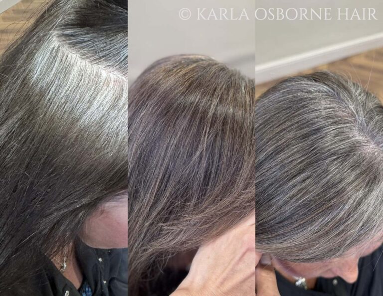 Karla Osborne Gray Blending on Dark Brown Hair Client 768x594
