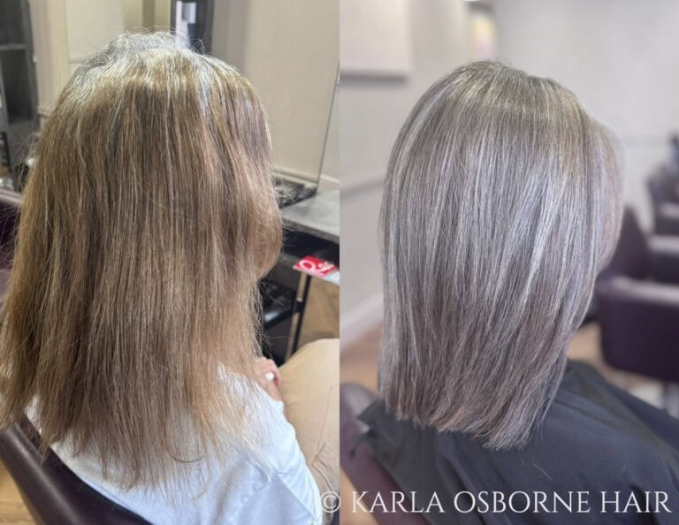 Karla Osborne Gray Blending on Medium Brown Hair Client 768x594