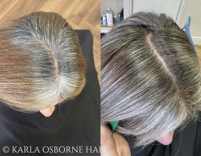 Karla Osborne Gray Blending on Reddish Brown Hair Client 768x594
